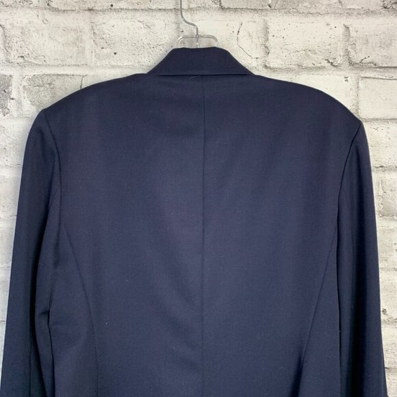 Vintage 80s 90s Double Breasted Navy Blue Wool Structured Long Blazer - Picture 5 of 13